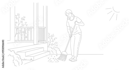 Young woman sweeping outdoor porch area with a broom line art vector illustration design element