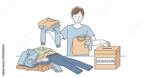 Illustration of a Person Organizing Old Clothes into a Charity Donation Box Vector Design