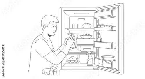 Man Cleaning Inside Open Refrigerator Kitchen Chores Vector Line Art Illustration