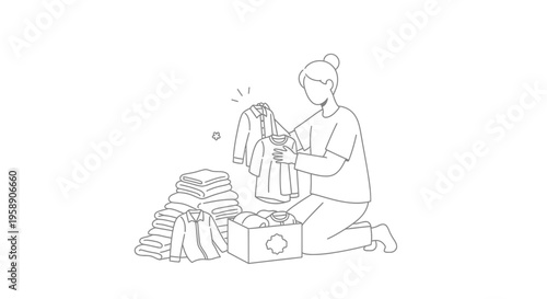 Woman Organizing and Packing Old Clothes into a Box for Charity Donation Vector Illustration