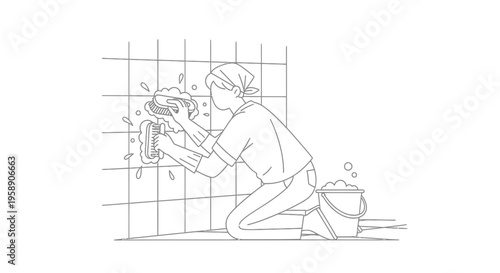 Person Scrubbing Bathroom Tiles with Brush Illustration Vector Line Art Design Element
