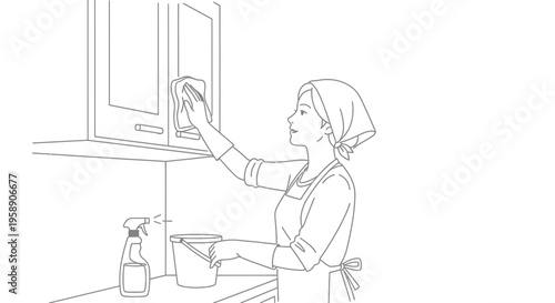 Woman Wiping Kitchen Cabinets Line Art Illustration Vector Graphic for Domestic Cleaning Services