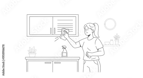Woman Wiping Kitchen Cabinets with Cloth and Spray Bottle Line Art Vector Illustration