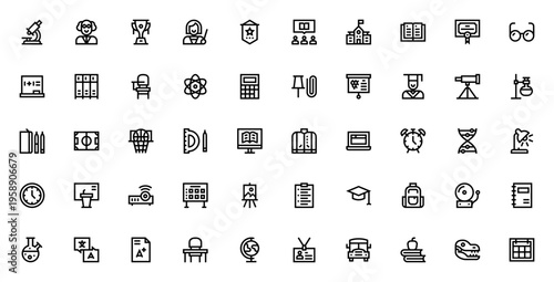 High School icon set. Vector illustration collection. Includes symbols for Microscope, Teacher, Books, Graduation, Science, Sports, Schedule, Exam and more.