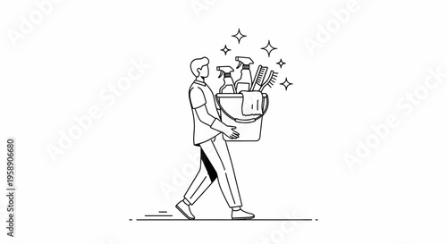 Professional Male Cleaner Carrying a Bucket of Detergents and Equipment Line Art Illustration
