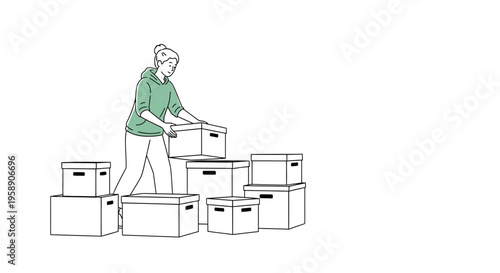 Woman Organizing Storage Boxes Illustration for Moving House and Home Decluttering Concept Vector