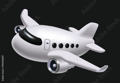 3D Stylized White Airplane Icon Vector Illustration Isolated on Dark Background