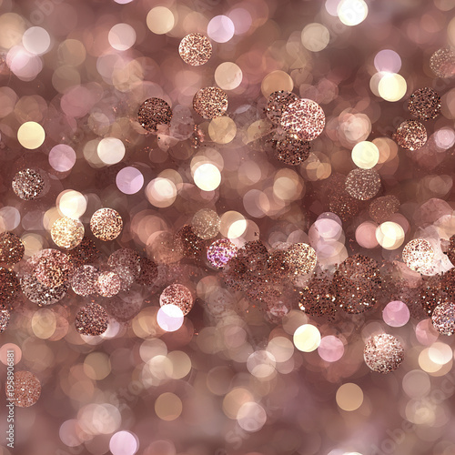 Rose gold sparkle overlay pattern with bokeh highlights creating festive and elegant glittering background full of warm light and shimmering circles