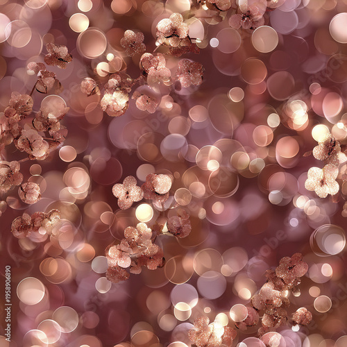 Rose gold sparkle overlay pattern with bokeh highlights and glittering floral elements creating dreamy and elegant background full of warm light and soft focus effects