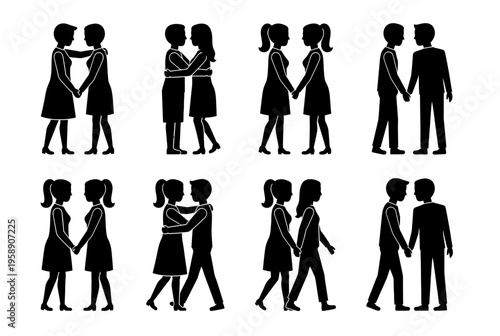 Silhouettes of people in various poses and relationships walking together outdoors.