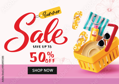 Summer Sale Banner with Shopping Basket and Beach Accessories Vector Illustration
