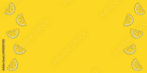 Ripe juicy slice wedge lemons fall down on bright yellow background. Creative summer minimalistic background. Flat lay, top view, copy space.