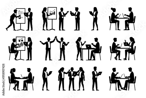 Business people interact and collaborate in various meeting settings and activities.