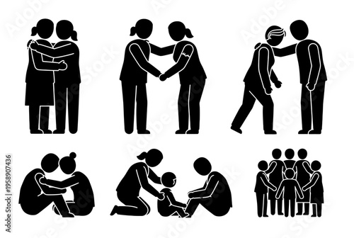 People are showing love and care for each other in various emotional moments.