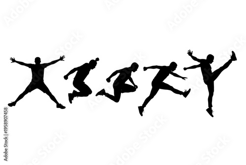 Five silhouettes of people jumping in different poses on a white background