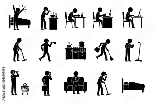 A person is cleaning and organizing a cluttered room with various furniture and household items.