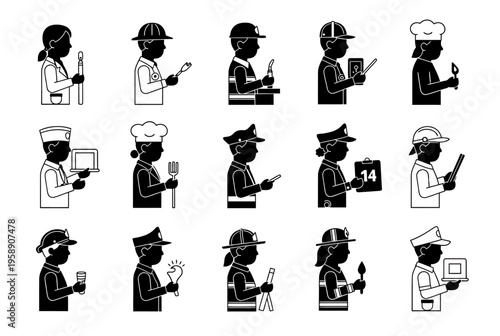 Various professionals working with tools and equipment in different settings a8b64a7f-888e-4231-992b-8192987561bb