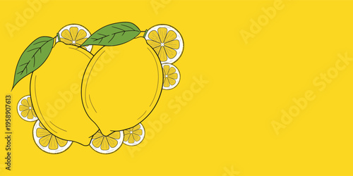 Ripe juicy lemons, orange and green leaves on bright yellow background. Lemon fruit. Creative summer minimalistic background. Flat lay, top view, copy space.