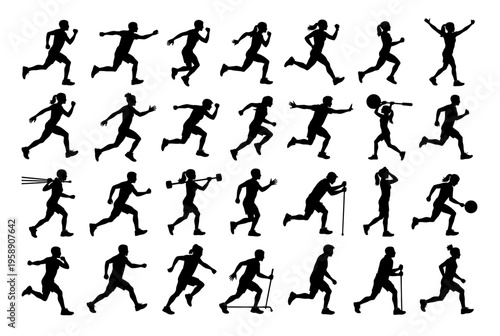 Various athletes are running and playing sports in different positions and actions