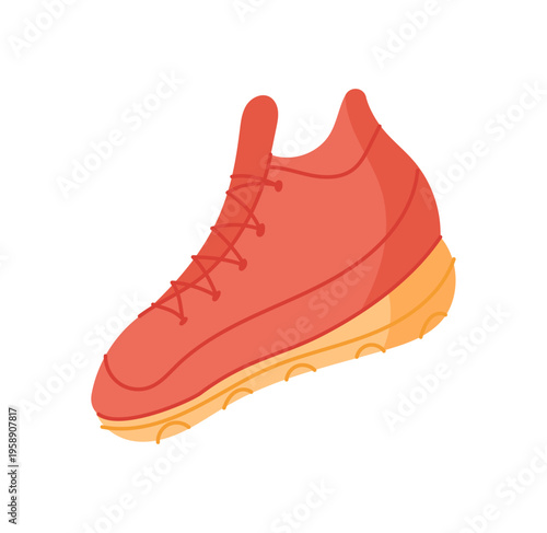 Red used shoe on flat background. Simple cloth item as helpful gift. Clean sport clothes symbol for recycle and donation. Concept of charity and give for poor people needy community support