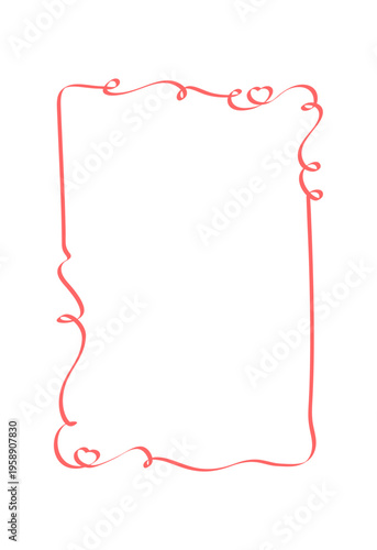 Whimsical red heart ribbon frame with cute wavy border. Romantic wedding heart decor as simple vertical card template and invite outline. Doodle line element for love celebration or valentine
