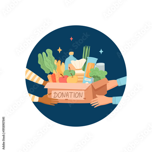 Circle food charity help box as flat icon. Donation gift container as community support and care symbol with hand and label. Colorful box with food for people, humanitarian aid social welfare media