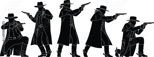 Set of black cowboy silhouettes wearing duster coats and hats aiming revolvers in various shooting and kneeling poses