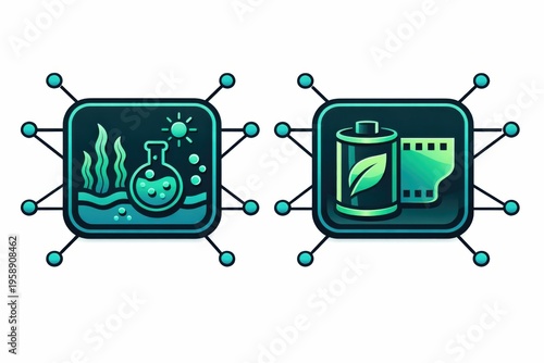 Innovative digital icons representing sustainable energy and scientific research showcasing laboratory flask, algae, green battery, and environmental consciousness connected through advanced