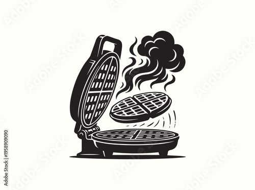 Vector illustration of an open waffle machine with hot steam