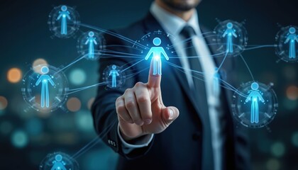 Man in suit touches digital network of glowing human icons connecting people globally. Futuristic concept of team building and HR strategy. Future tech in business.