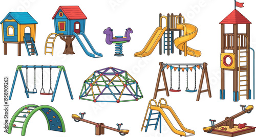 Playground Equipment Vector Set Featuring Slides, Swings, Seesaw, Climbing Dome, Sandbox, Spring Rider, and Kids Outdoor Park Activity Elements