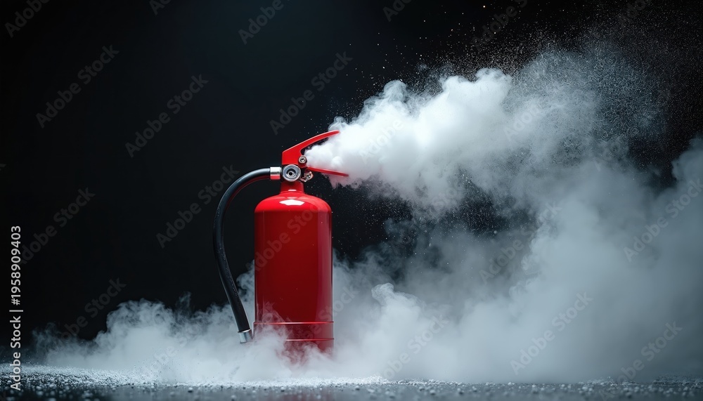 Fototapeta premium Red fire extinguisher discharges white smoke in dark. Safety device disperses agent against danger. Emergency equipment ready for fire. Urgency and protection concept.