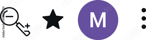 User Interface Icon Set Featuring Zoom Out Tool, Favorite Star, Profile Avatar Initial, and More Options Menu for App Navigation Design