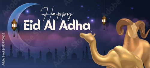 Eid al Adha Horizontal Banner Template with Golden Camel Illustration, Starry Night Sky, and Islamic Decorative Elements
