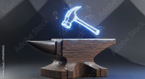 Digital Manufacturing and Software Development Concept with Glowing Neon Hammer Hologram over Rustic Anvil for Industrial Innovation and Tech