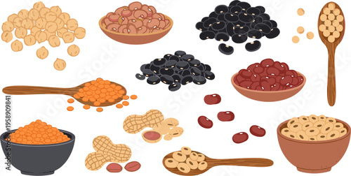 Healthy Nuts and Seeds Illustration Set Featuring Almonds, Walnuts, Peanuts, Sunflower Seeds and Grain Bowls for Nutrition Design