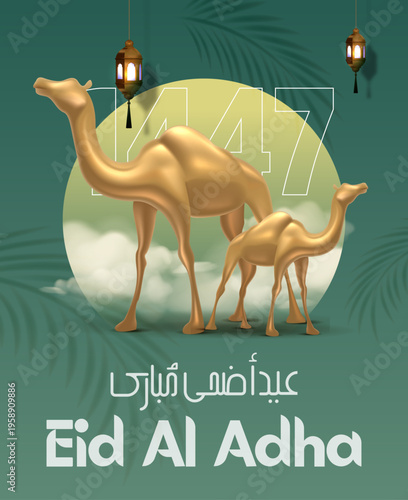 Eid al Adha Greeting Card Template with 3D Golden Camel Family Illustration, Soft Green Background, and Minimal Islamic Decoration