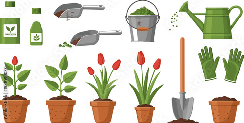 Home Gardening Care Illustration Set Featuring Fertilizer Bottles, Watering Can, Soil Tools, Gloves and Flowering Potted Plants