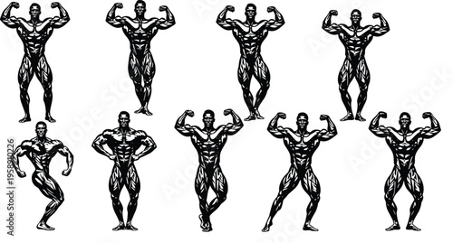 Set of Nine Professional Bodybuilder Silhouettes Posing in Various Competition Stances Featuring Muscular Male Figures for Fitness Gym