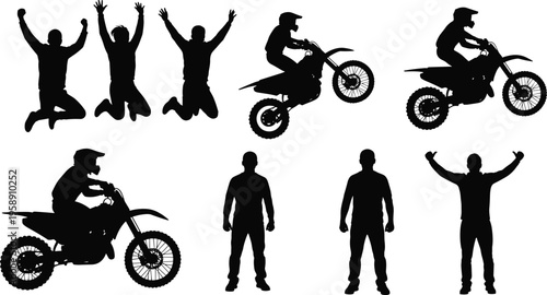Set of Motocross Rider Silhouettes Performing Stunts on Dirt Bikes with People Jumping and Celebrating for Extreme Sports Competition and Active Lifestyle Concept