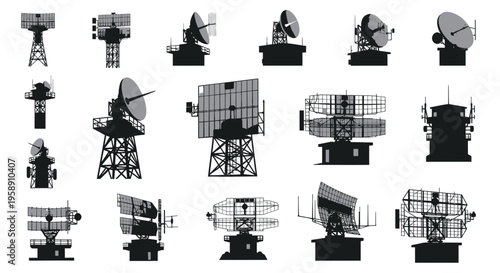 Military Communication Tower and Radar Surveillance Equipment Vector Illustration Set