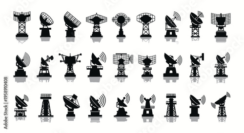Professional Military Observation Radar Station and Satellite Dish Silhouette Vector Icon Set