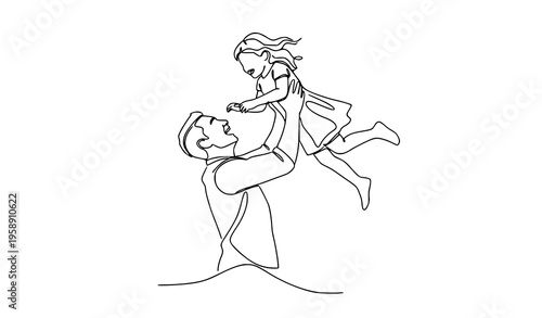Continuous line father lifting daughter joyful moment minimalist family vector isolated on white