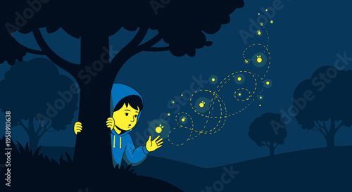 Childhood Wonder Watching Fireflies In A Magical Summer Night
