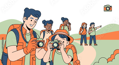 Children And Adults Capturing Scenic Views During Outdoor Adventures