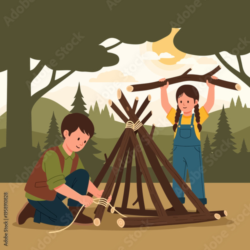 Children Building Outdoor Shelter And Learning Survival Skills In Nature