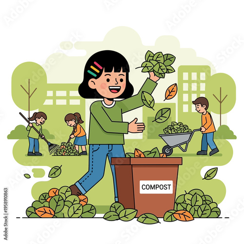 Children Composting Organic Waste Together In A Lush Green Park