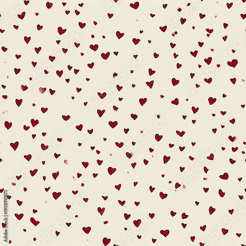 Scattered tiny red hearts on cream background create charming and romantic pattern perfect for Valentine Day or love themed designs with soft aesthetic feel