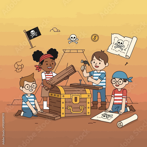 Children Constructing A Pirate Treasure Chest Adventure Scene