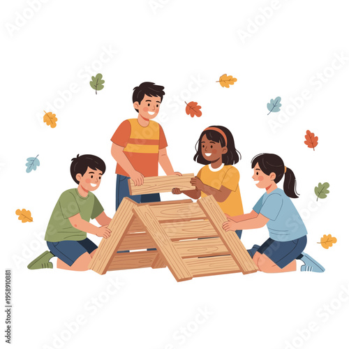 Children Constructing Outdoor Fort With Wooden Blocks Enjoying Autumn Fun